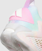 Close-up of pastel multicolor sneaker heel with textured sole and pink pull tab