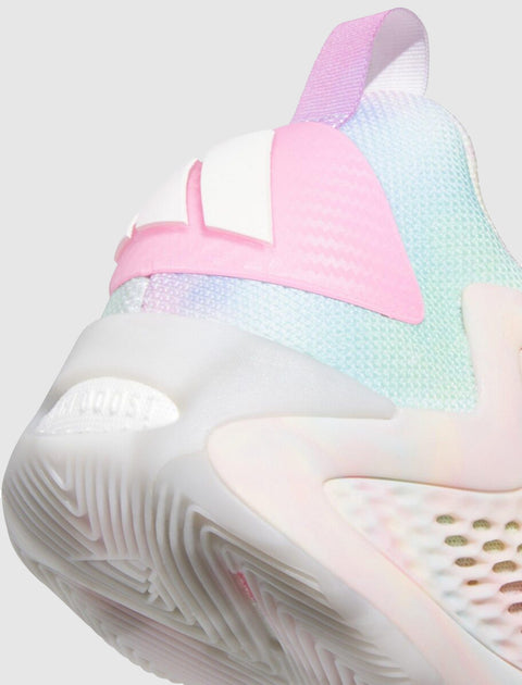 Close-up of pastel multicolor sneaker heel with textured sole and pink pull tab