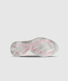 Translucent sneaker outsole with pink and white herringbone traction pattern