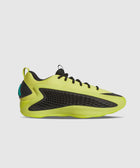 Lime green low-top men's sneaker with black accents and textured side panel on white background