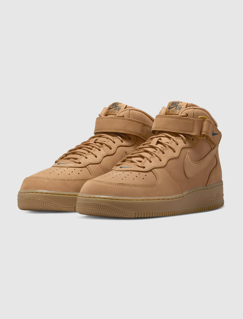 Tan Nike Air Force 1 Mid sneakers with gum sole and ankle strap, men's streetwear shoes