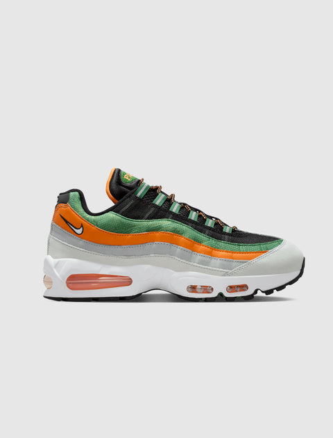 Men's Nike Air Max 95 sneaker in black, orange, green, and white with visible Air sole.