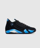 Black and blue athletic sneaker with suede upper and silver detailing on a white background