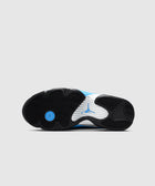 Bottom view of a sneaker with black, white, and blue sole, visible Jumpman logo, herringbone tread