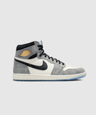 Grey and white high-top sneaker with black swoosh, gold logo detail, black laces