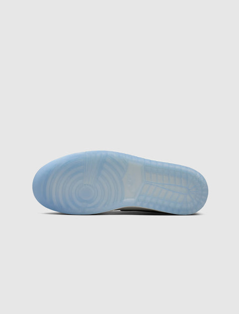 Translucent icy blue sneaker outsole on light background, highlighting tread pattern