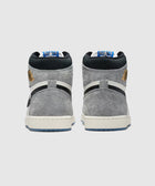 Rear view of high-top grey and black suede sneakers with gold logo detailing