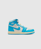 Blue and white high-top sneaker with cream sole, side profile, classic streetwear shoe