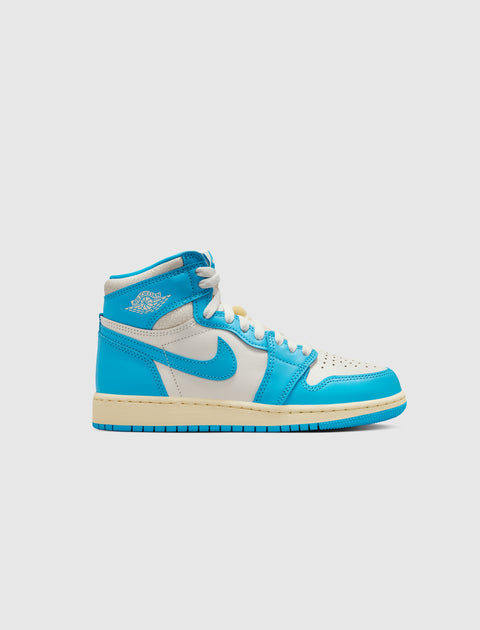 Blue and white high-top sneaker with cream sole, side profile, classic streetwear shoe