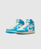 White and blue high-top sneakers with beige soles on a plain background