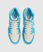 Pair of blue and white high-top Nike sneakers with perforated toes, viewed from above