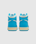 Back view of blue high-top sneakers with white trim and cream sole on white background
