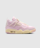Light pink and cream suede sneaker with mesh panels, visible air sole, side view on gray background