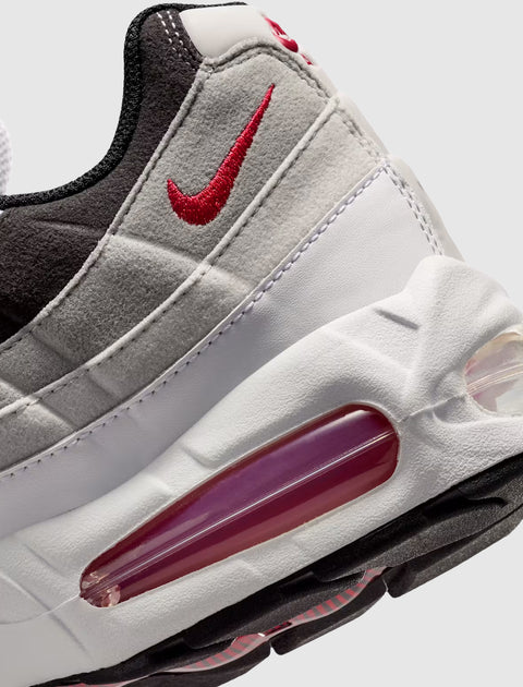 Close-up of white and grey sneaker with red Swoosh logo and visible air sole unit
