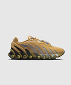 Tan and yellow sneaker with mesh panels, visible air pods, and a blue swoosh logo on the side