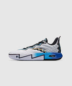 White and blue men's streetwear sneaker with zigzag pattern on a plain background