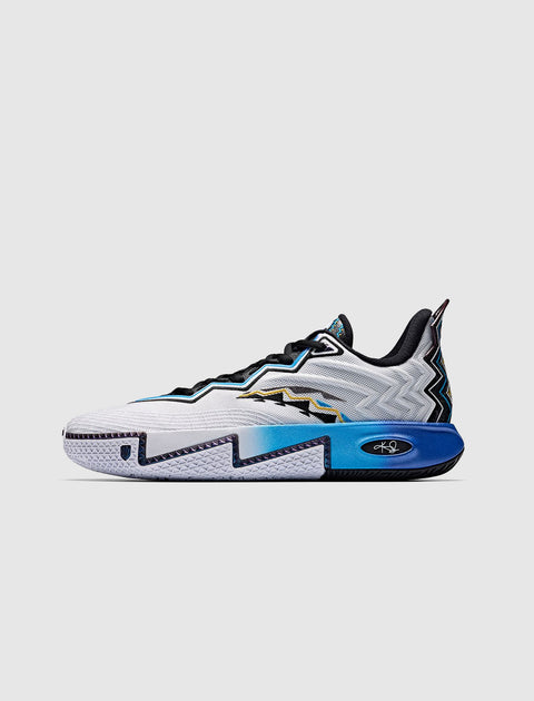 White and blue men's streetwear sneaker with zigzag pattern on a plain background
