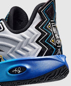 Close-up of a stylish men's sneaker heel with bold zigzag patterns and blue outsole