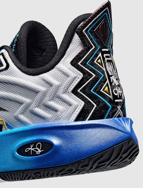 Close-up of a stylish men's sneaker heel with bold zigzag patterns and blue outsole