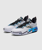 White and blue low-top athletic sneakers with zigzag detailing and black laces on a light background
