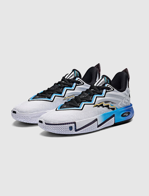 White and blue low-top athletic sneakers with zigzag detailing and black laces on a light background