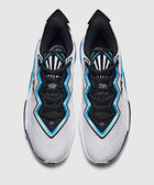 Top view of white, black, and blue men's streetwear sneakers on gray background