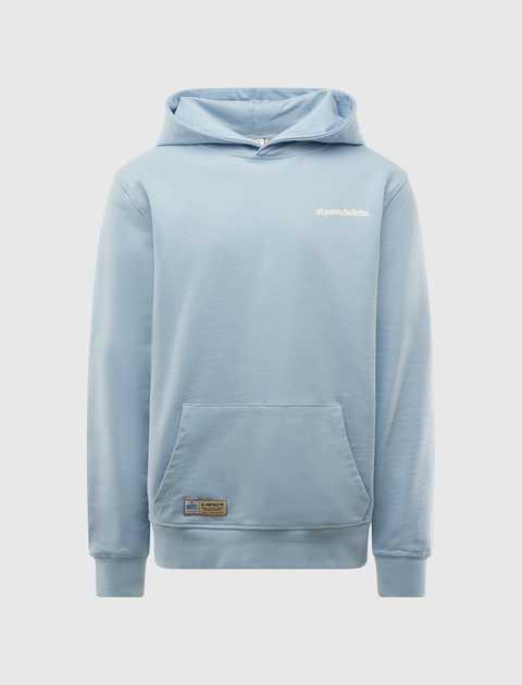 Light blue men's streetwear hoodie with front pocket and small chest logo
