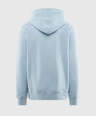 Back view of a light blue men's streetwear hoodie on a plain background