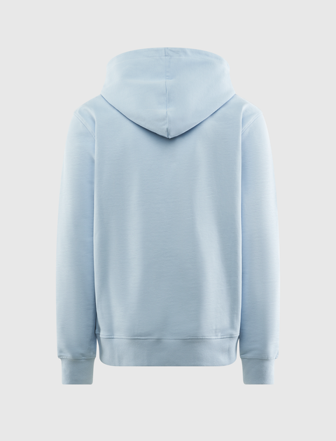Back view of a light blue men's streetwear hoodie on a plain background