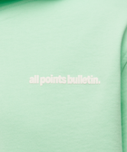 Mint green hoodie with 'all points bulletin.' text chest detail, men's streetwear