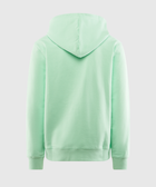 Back view of light green men's hooded sweatshirt with long sleeves