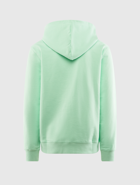 Back view of light green men's hooded sweatshirt with long sleeves