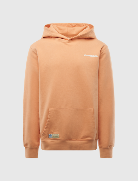 Peach pink hooded sweatshirt with small front logo and front kangaroo pocket
