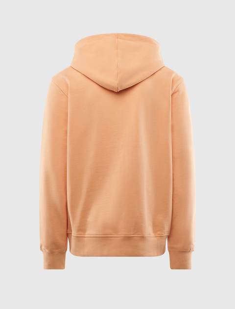 Back view of a peach pink men's streetwear hoodie on plain background