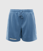 Blue mesh men's athletic shorts with front drawstring and subtle logo on left leg