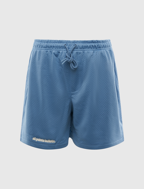 Blue mesh men's athletic shorts with front drawstring and subtle logo on left leg