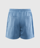 Back view of light blue mesh men's shorts with elastic waistband and two rear pockets