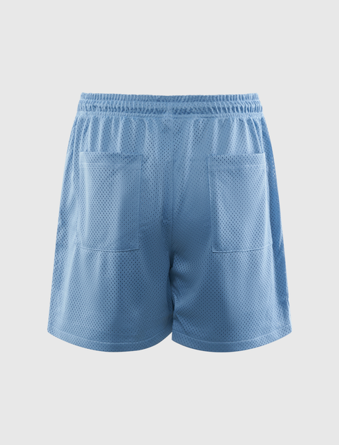 Back view of light blue mesh men's shorts with elastic waistband and two rear pockets