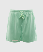 Mint green mesh athletic shorts with drawstring and small logo on left leg