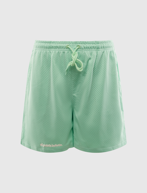 Mint green mesh athletic shorts with drawstring and small logo on left leg