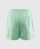 Light green mesh athletic shorts with elastic waistband and two back pockets, rear view