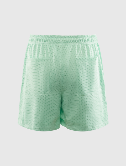 Light green mesh athletic shorts with elastic waistband and two back pockets, rear view