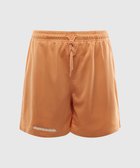 Orange mesh athletic shorts with drawstring waist and small front logo detail