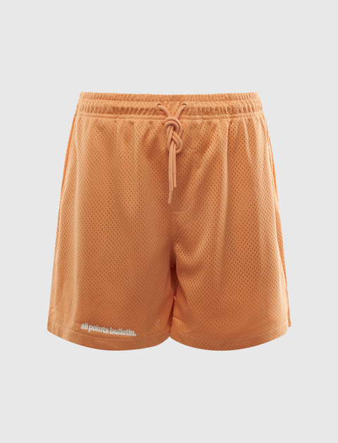 Orange mesh athletic shorts with drawstring waist and small front logo detail