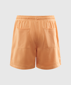 Peach mesh men's athletic shorts with elastic waistband and two back pockets