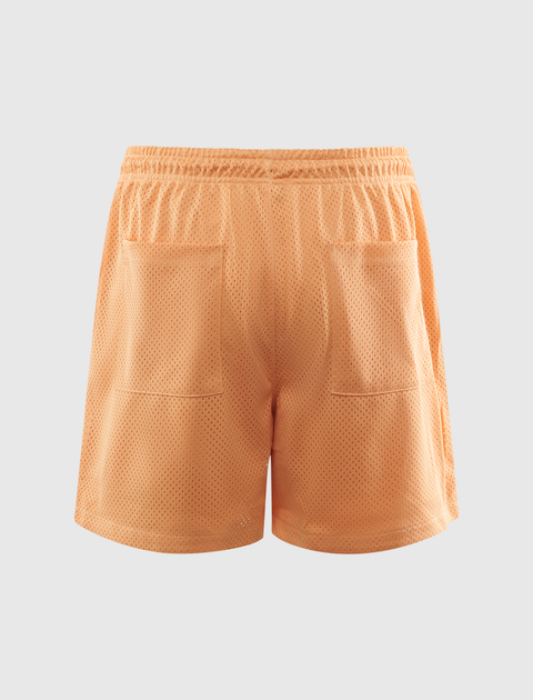Peach mesh men's athletic shorts with elastic waistband and two back pockets