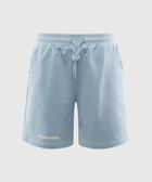Light blue men's streetwear shorts with elastic waistband and front drawstring