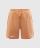 Light orange men's streetwear shorts with drawstring waist and small logo print