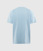 Back view of a plain light blue men's streetwear short sleeve t-shirt on white background