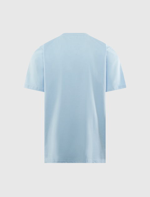 Back view of a plain light blue men's streetwear short sleeve t-shirt on white background